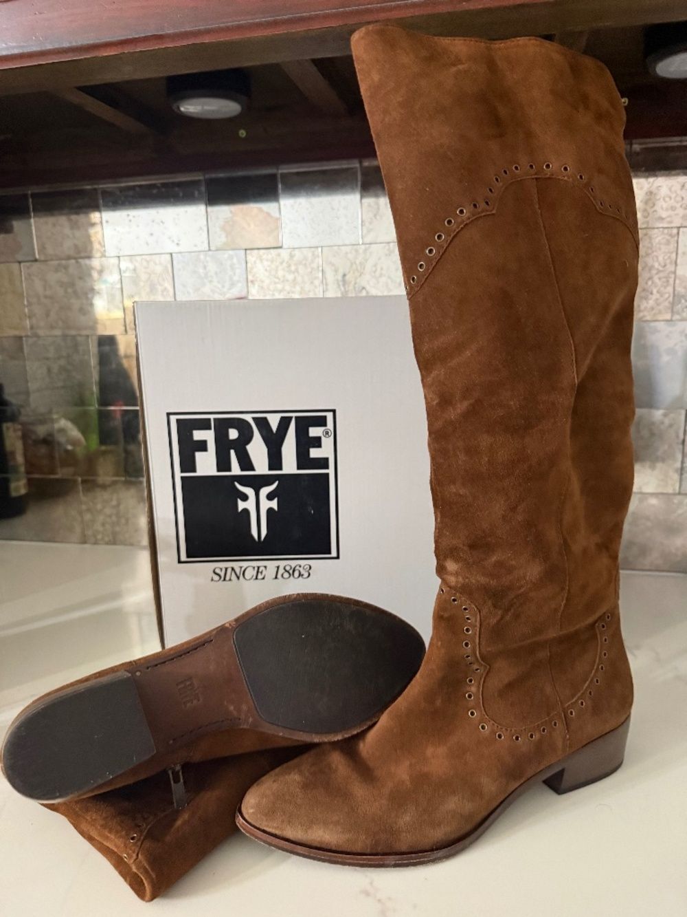 Frye Ray Tall Grommet suede boots, size 10, wood brown